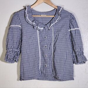 Women's Blue Checkered Ruffle Top
